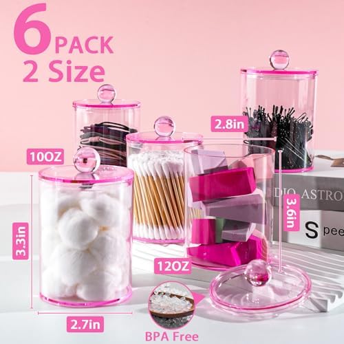 6 Pcs Acrylic Qtip Holder, Cotton Ball Holder Jars with Lids, Pink