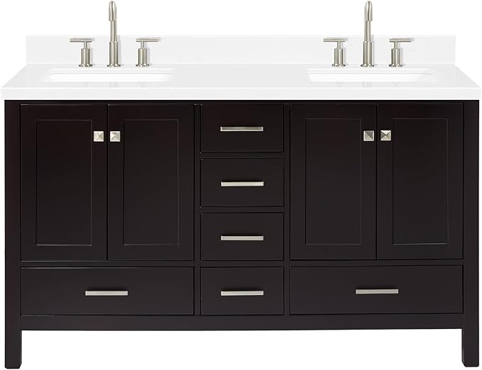 ARIEL Cambridge 60-inch Bathroom Vanity with Sink,Solid Wood, 1.5-inch Carrara White Quartz Countertop, Double Rectangular Porcelain Sink, 4 Soft Closing Doors, 6 Dovetail Drawers, Espresso