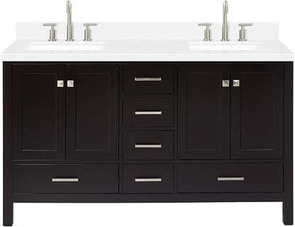ARIEL Cambridge 60-inch Bathroom Vanity with Sink,Solid Wood, 1.5-inch Carrara White Quartz Countertop, Double Rectangular Porcelain Sink, 4 Soft Closing Doors, 6 Dovetail Drawers, Espresso