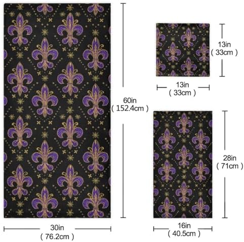 Naanle Mardi Gras Purple Soft Decor 3 Pcs Towels Set, 1 Bath Towel+1 Hand Towel+1 Washcloth, Multipurpose for Bathroom, Hotel, Gym, Spa and Beach
