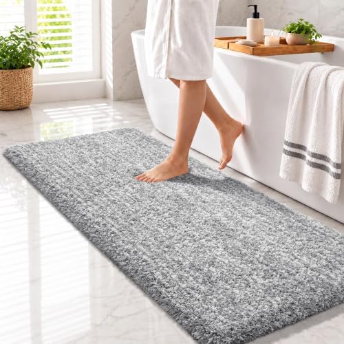 Yimobra Luxury Bathroom Rugs, Fluffy Bath Mats, Non Slip, Water Absorbent Microfiber, Machine Washable, Plush Runner Shower Rugs, Thick Matts for Bathroom Floor&Tub, 60" X 24", Light Gray and White