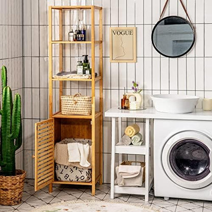 Tangkula Bathroom Cabinet, 65 Inch Tall Slim Bathroom Storage Cabinet with Shutter Door and 3 Open Shelves, Narrow Multifunctional Tower Cabinet, Natural Bamboo, 15.5 x 14.5 x 65 Inch