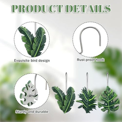 Amyhill 12 Pcs Tropical Leaf Decorative Shower Curtain Hooks Cute Green Monstera Deliciosa Leaves Curtain Rings Hanger Stainless Steel Resin Tropical Botanical Themed Hooks for Home Bathroom Decor