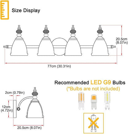 Brushed Antigue Brass Bathroom Light Fixtures 4 Lights, Antique Brass Vanity Light, Vanity Light Over Mirror, Vintage Bathroom Light with Clear Flower Glass, Lights for Wall Interior Hallway