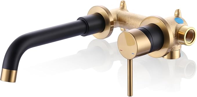 ARCORA Wall Mount Bathroom Faucet, Black and Gold Single Handle Bathroom Sink Faucet Wall Mounted, Rough-in Valve Included