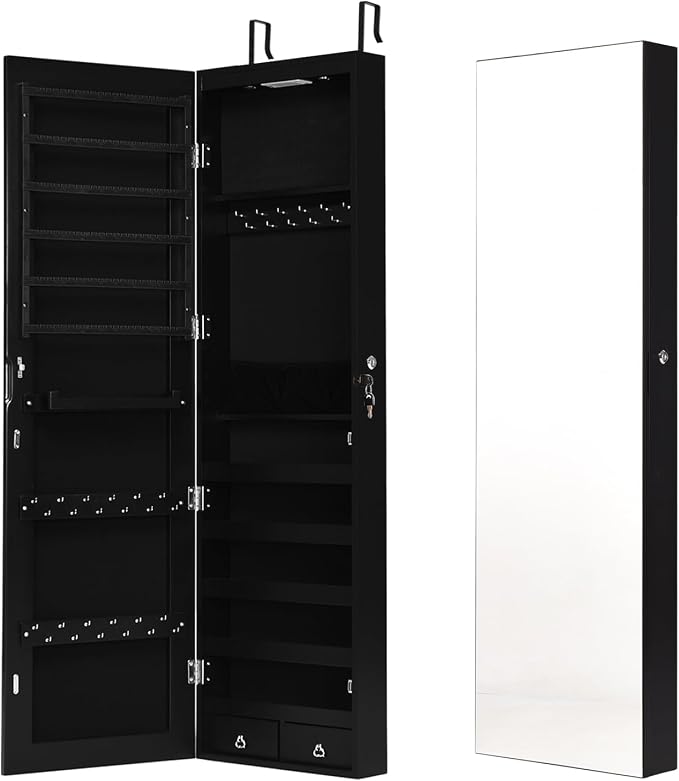 COSTWAY Wall Mounted Jewelry Armoire with Full Length Mirror & 2 LED Lights, Large Storage Capacity, Lockable Mirror Jewelry Cabinet for Women Girls (Black)