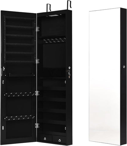 COSTWAY Wall Mounted Jewelry Armoire with Full Length Mirror & 2 LED Lights, Large Storage Capacity, Lockable Mirror Jewelry Cabinet for Women Girls (Black)