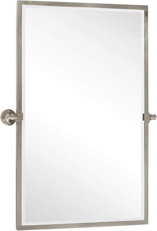TEHOME 28.5 x 36 inch Brushed Nickel Metal Framed Pivot Rectangle Bathroom Mirror in Stainless Steel Tilting Beveled Vanity Mirrors for Wall