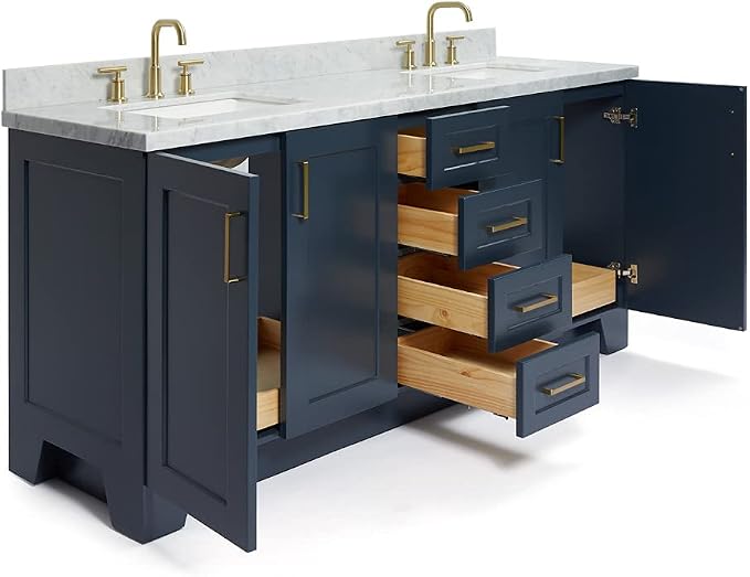 ARIEL Taylor 72-inch Bathroom Vanity with Sink,Solid Wood, 1.5-inch Italian Carrara Marble Countertop, Double Rectangular Porcelain Sink, 4 Soft Closing Doors, 6 Dovetail Drawers, Midnight Blue