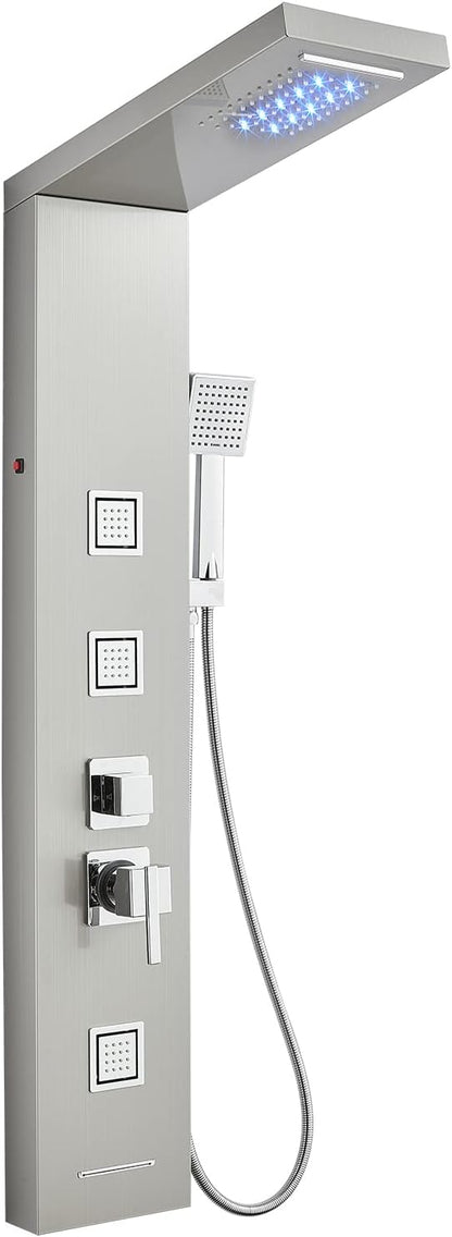 MENATT Shower Panel Tower System with LED Lights, 5 In 1 Shower Panel with Rainfall and Waterfall Shower Head, 3 pcs Massage Spray, Handheld Shower, Waterfall Tub Spout