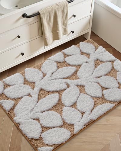DEXI Bathroom Rugs Non Slip Washable 24x16, Boho White Leaf Bath Mat, Brown