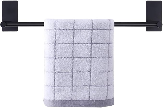 NearMoon Self Adhesive Bathroom Towel Bar- Stainless Steel Bath Wall Shelf Rack Hanging Towel Stick On Sticky Hanger Contemporary Style, NO Drilling (1 Pack, Matte Black, 16-Inch Towel Rack)