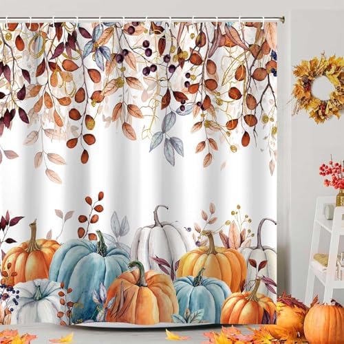 Fall Pumpkin Shower Curtain, Thanksgiving Autumn Harvest Leaves Watercolor Seasonal Decor Bathroom Curtains, Waterproof Fabric Polyester with Hooks, 72x72 Inch
