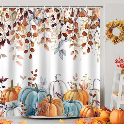 Fall Pumpkin Shower Curtain, Thanksgiving Autumn Harvest Leaves Watercolor Seasonal Decor Bathroom Curtains, Waterproof Fabric Polyester with Hooks, 72x72 Inch