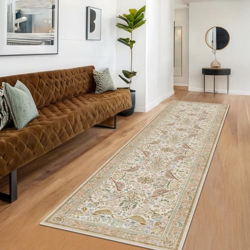 Beige 10 ft Long Vintage Runner Rugs for Hallways - 2x10 Kitchen Runners Non Slip Washable, Low Pile Entryway Rug, with Flowers and Leaves Décor