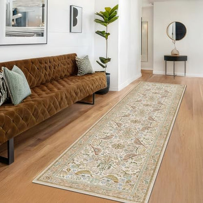Beige 10 ft Long Vintage Runner Rugs for Hallways - 2x10 Kitchen Runners Non Slip Washable, Low Pile Entryway Rug, with Flowers and Leaves Décor
