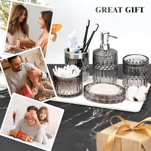 Bathroom Clear Glass Accessories Set, 5Pcs Bathroom Soap Dispenser Set, Glass Bathroom Accessories with Glass Soap Dispenser, Soap Dish, Toothbrush Holder, Tumbler, Cotton Swab Jar (Black & Clear)