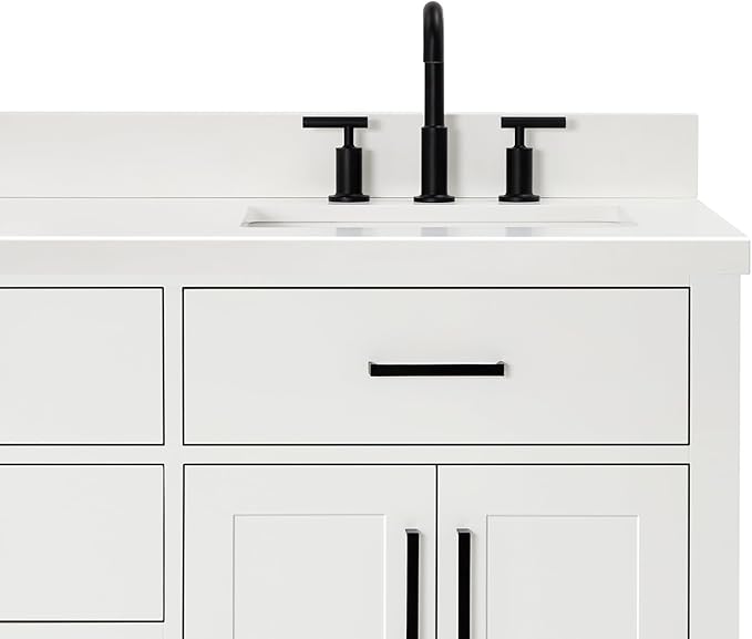 ARIEL Hepburn 66-inch Bathroom Vanity with Sink,Solid Wood, 1.5-inch Pure White Quartz Countertop & Backsplash, Double Rectangular Porcelain Sink, 4 Soft Closing Doors, 6 Dovetail Drawers, White