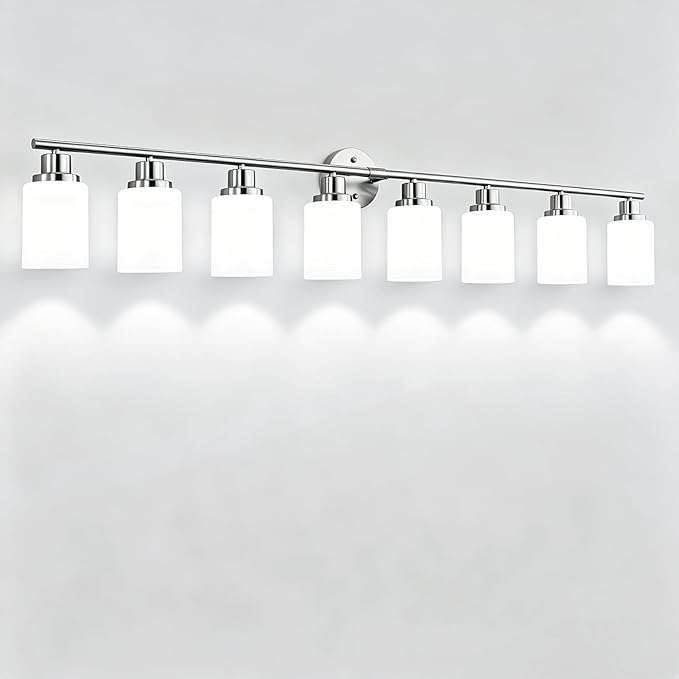8-Light Vanity Lights, Brushed Nickel Bathroom Light Fixture with Striped Textured Milky White Glass Shade, E26 Modern Vanity Lighting Fixture for Bathroom Wall Sconce Light Over Mirror