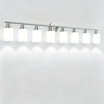 8-Light Vanity Lights, Brushed Nickel Bathroom Light Fixture with Striped Textured Milky White Glass Shade, E26 Modern Vanity Lighting Fixture for Bathroom Wall Sconce Light Over Mirror