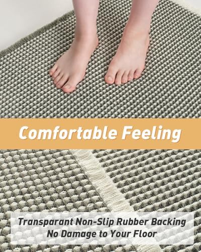 AMOAMI Upgraded Waffle Bath Mat, Super Absorbent Non Slip Bath Mats for Bathroom Floor, Machine Washable Bathroom Rugs with Tassels, Rubber Backed Bathroom Mats, Ultra Soft, 20" x 32", Green & Cream
