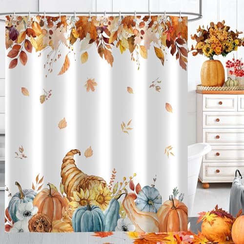 Fall Pumpkins Shower Curtain, Autumn Leaves Thanksgiving Harvest Bathroom Bathtubs Decor, Waterproof Polyester Fabric Bathroom Curtain with Hooks 72x72 in
