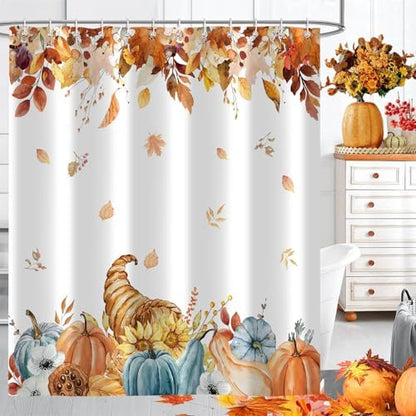 Fall Pumpkins Shower Curtain, Autumn Leaves Thanksgiving Harvest Bathroom Bathtubs Decor, Waterproof Polyester Fabric Bathroom Curtain with Hooks 72x72 in