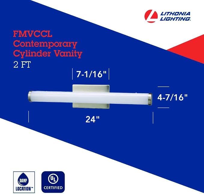 Lithonia Lighting 24-Inch LED Vanity Light with Warm White White Color Temperature, Contemporary Cylinder Bathroom Vanity Wall Light Fixture for Over The Mirror, Brushed Nickel
