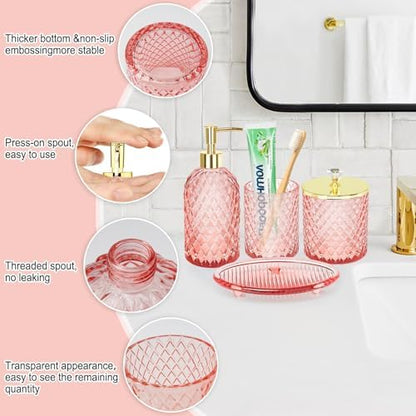 Haturi Glass Bathroom Accessories Set, Light Pink Bathroom Set, 4 Pcs