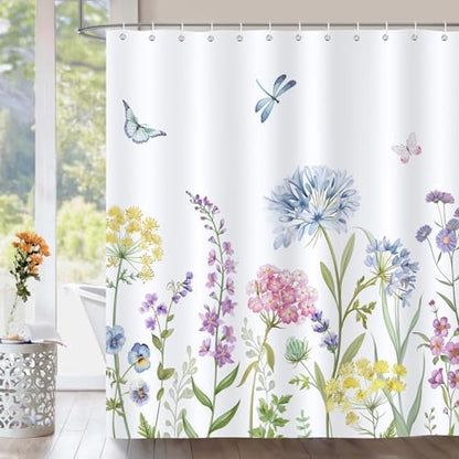 Bonhause Spring Floral Shower Curtain, Pink Yellow Blue Flowers Hydrangea Butterfly Plants Bathroom Decor 72x72 Inch Polyester Fabric Waterproof Bath Curtain with 12 Hooks