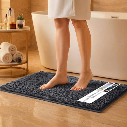 MAYSHINE Small Plush Shaggy Chenille Bath Mat 24"x17" Extra Soft, Super Absorbent, Non-Slip Bathroom Rug | Fluffy Microfiber, Area Rug Sets for Bathroom Floor, Kitchen, Living Room | Charcoal Gray