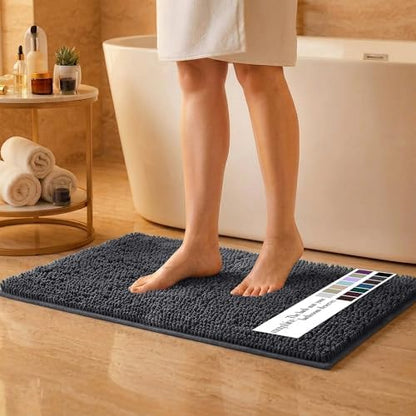 MAYSHINE Small Plush Shaggy Chenille Bath Mat 24"x17" Extra Soft, Super Absorbent, Non-Slip Bathroom Rug | Fluffy Microfiber, Area Rug Sets for Bathroom Floor, Kitchen, Living Room | Charcoal Gray