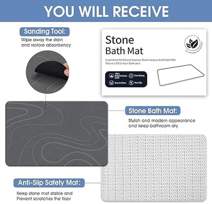 Veeloim Stone Bath Mat Diatomaceous Earth Shower Mat Non-Slip Super Absorbent Diatomite Stone Bath Mats for Bathroom Floor Quick Drying Natural Easy to Clean