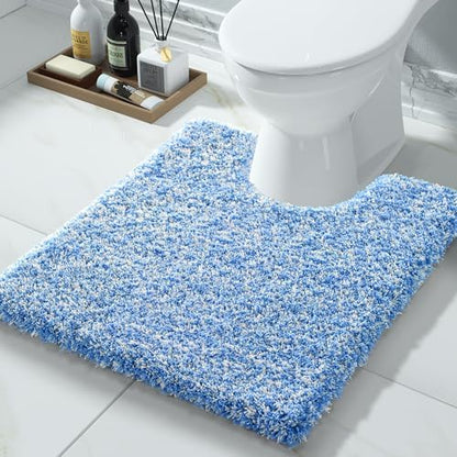 Yimobra Toilet Rugs U Shaped Washable 24X20, Ultra Soft and Water Absorbent Bath Mats, Non Slip Fluffy Shaggy Luxury Microfiber Contour Bath Rugs for Toilet, Dry Quick, Blue and White