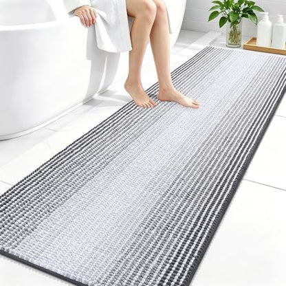 OLANLY Bathroom Runner Rugs 70x24, Soft Chenille Striped Bath Rugs, Grey