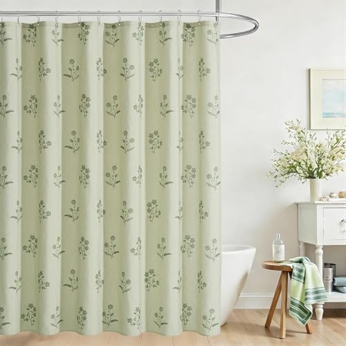 ORTIGIA Farmhouse Vintage Sage Green Floral Shower Curtain Block Print Linen Shower Curtains Set Boho Cottagecore Rustic Decor for Bathroom 72 W x 72 L