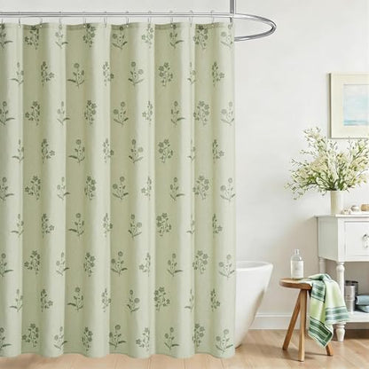 ORTIGIA Farmhouse Vintage Sage Green Floral Shower Curtain Block Print Linen Shower Curtains Set Boho Cottagecore Rustic Decor for Bathroom 72 W x 72 L