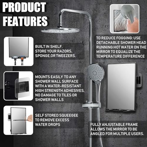 LFOYOU Shower Mirror for Shaving & Washing Your Face with a Squeegee - Built-in Two Razor Holder, 360°Rotation Adjustable Shaving Bathroom Mirror - Easy Install, Home Shower Accessory(Not Fogless)