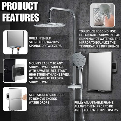 LFOYOU Shower Mirror for Shaving & Washing Your Face with a Squeegee - Built-in Two Razor Holder, 360°Rotation Adjustable Shaving Bathroom Mirror - Easy Install, Home Shower Accessory(Not Fogless)