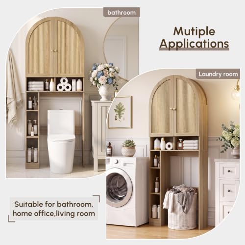 HMstone Over The Toilet Storage Cabinet, 29.7W'' Arched Bathroom Organizer and Storage with Doors and Adjustable Shelf, Space-Saving Freestanding Bathroom Modern Storage Cabinet Over Toilet (Natural)