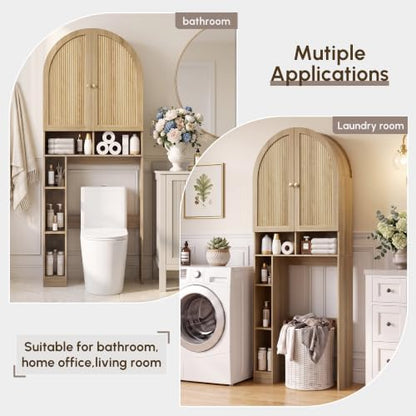 HMstone Over The Toilet Storage Cabinet, 29.7W'' Arched Bathroom Organizer and Storage with Doors and Adjustable Shelf, Space-Saving Freestanding Bathroom Modern Storage Cabinet Over Toilet (Natural)