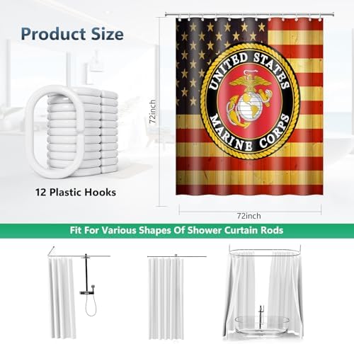 US Marine Corps Wooden American Flag Shower Curtain with Hooks 72 x 72 Inch