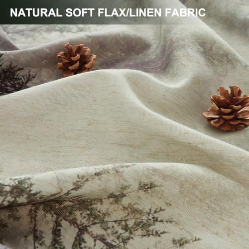 ORTIGIA Dark Green Misty Forest Linen Shower Curtain Nature Mountain Tree Woodland Shower Curtain Set for Bathroom Heavy Blend Fabric Curtains with 12 Metal Hooks 72x72 Inch