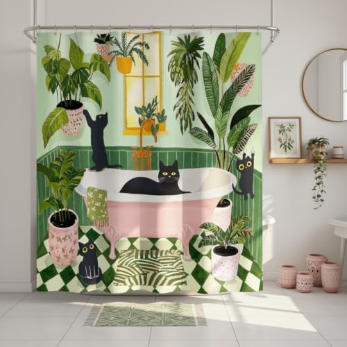 Fowocu Funny Cat Shower Curtain for Bathroom Green 72x78 Inch