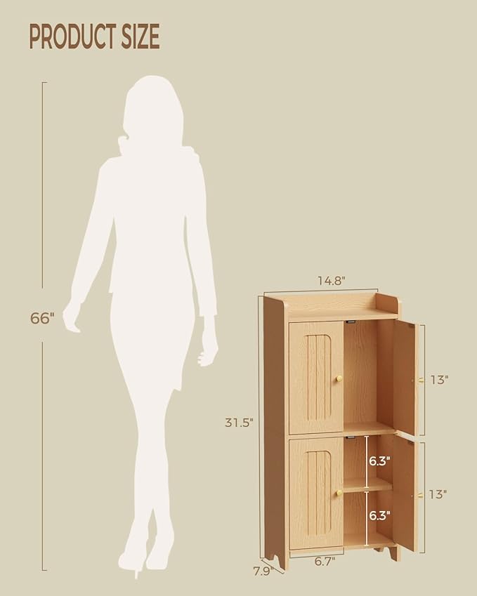 BEWISHOME Small Floor Cabinet,Toilet Paper Storage,Bathroom Storage Cabinet | with 4 Doors and Shelves, Bathroom Organizers and Storage for Small Spaces, Natural 7.9" D x 14.6" W x 31" H YYG11Y