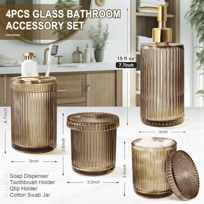KASUNTING Brown Glass Bathroom Accessories 4 Pcs, Brown Bathroom Set, Soap Dispenser and Toothbrush Holder Set, Qtip Holder Set, Vintage Bathroom Sink Set, Modern Bathroom Decor