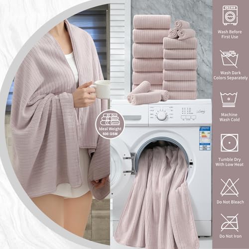 18 Piece Bath Towels Set,Soft Family Bathroom Towel Set with Hanging Loops-6 Bath Towels,6 Hand Towels,6 Washcloths,Highly Absorbent Quick Dry Shower Towel for Bathroom,Hotel,Spa-Blush Pink Towel Set