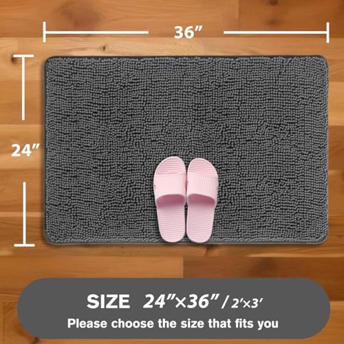 Gray Bathroom Rugs – Absorbent and Washable Bath Mat, Non-Slip, Thick Soft Chenille Bath Rugs for Bathroom Floor, Shower, Sink - 24" x 36"