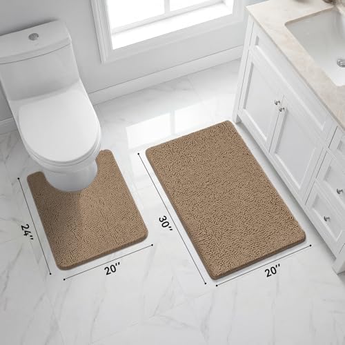 Bcoimo U Shaped Bath Rug Mat Set,2 Piece Chenille Latte Toilet Bathroom Rug