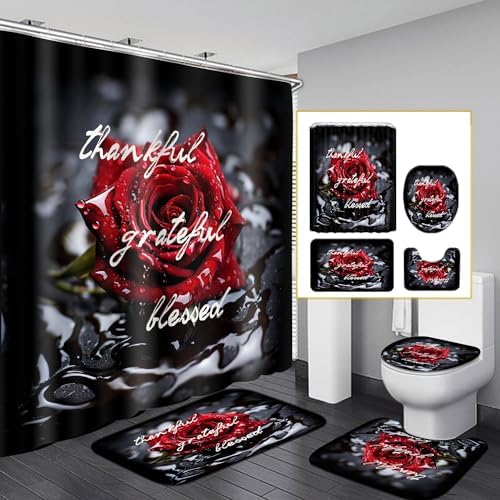 4Pcs Romantic Red Rose Bathroom Shower Curtain Sets, Waterproof Fabric Floral Bathroom Sets with Shower Curtain and Rugs Toilet Lid Cover Bath Mat, Retro Flower Home Decor Sets